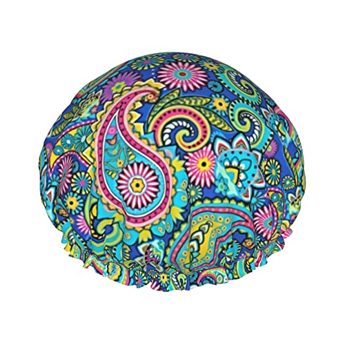 Blau-rosa Paisley-Duschhaube für Damen, verstellbar, doppelt wasserdicht, Bade-Duschhut, Haarschutz, wiederverwendbar, Damen-Spa-Salon-Duschhut von NLWQEKV