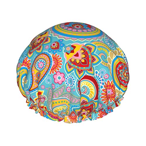 Bright Traditional Elements Paisley-Duschhaube für Damen, wiederverwendbar, doppellagig, wasserdicht, Badekappe, wasserdichte Haarhaube für Damen und Mädchen, langes kurzes Haar von NLWQEKV