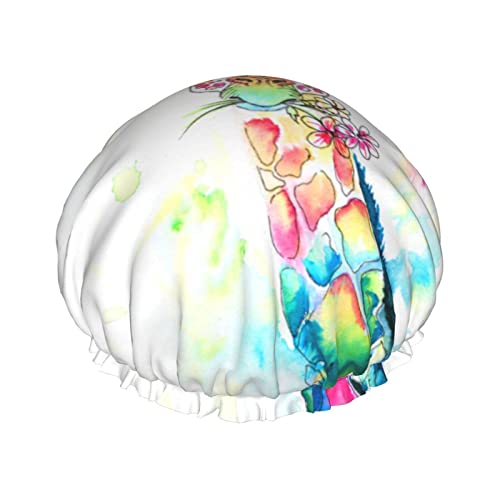 Bunte Aquarell-Giraffen-Duschhaube für Damen, wiederverwendbar, doppellagig, wasserdicht, Badekappe, wasserdichte Haarhaube für Damen und Mädchen, langes kurzes Haar von NLWQEKV