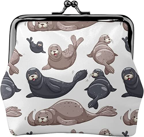 Damen-Geldbörse aus Leder mit Robben-Illustration, Seelöwe, Kleingeldbeutel mit Kiss-Lock-Verschluss und Schnallen-Geldbörse als Geschenk für Mädchen von NLWQEKV