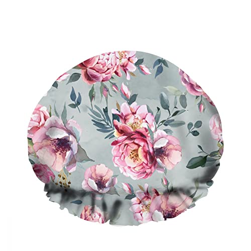 Doppelte wasserdichte Bade-Duschhaube, Aquarell-Pfingstrose, Blumen, rosa Blattzweig, Rosenkunst, wiederverwendbare modische Duschmütze für Damen, Schönheit, Bad, Haar, Spa, Zuhause, Hotel, Reisen von NLWQEKV