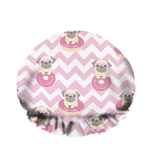 Doppelte wasserdichte Bade-Duschhaube, Mops, Hund, niedlicher rosa Donut, Cartoon-Bulldogge, Süßigkeiten, wiederverwendbar, modische Duschmütze für Damen, Schönheit, Bad, Haar, Spa, Zuhause, Hotel, Re von NLWQEKV