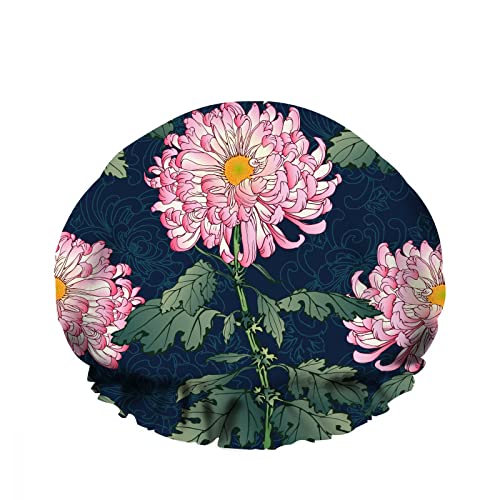 Doppelte wasserdichte Bade-Duschhaube, leuchtend rosa, weiße Chrysanthemen, grüne Blätter, Zweig, Blume, wiederverwendbar, modische Duschmütze für Damen, Schönheit, Bad, Haar, Spa, Zuhause, Hotel, Rei von NLWQEKV