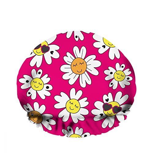 Doppelte wasserdichte Bade-Duschhaube, lustige Gänseblümchen, Blumen, Brille, Cartoon, süßes Gesicht, Lächeln, wiederverwendbare modische Duschmütze für Damen, Schönheit, Bad, Haar, Spa, Zuhause, Hote von NLWQEKV