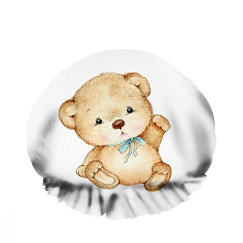 Doppelte wasserdichte Bade-Duschhaube, niedlicher Teddybär, Cartoon-Spielzeug, blaues Band, Tier, wiederverwendbar, modische Duschmütze für Damen, Schönheit, Bad, Haar, Spa, Zuhause, Hotel, Reisen von NLWQEKV