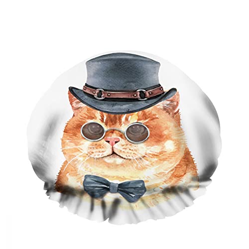 Doppelte wasserdichte Bade-Duschhaube, orangefarbene Katze, Sonnenbrille, Fliege, Smoking-Hutschicht, wiederverwendbar, modische Duschmütze für Damen, Schönheit, Bad, Haar, Spa, Zuhause, Hotel, Reisen von NLWQEKV