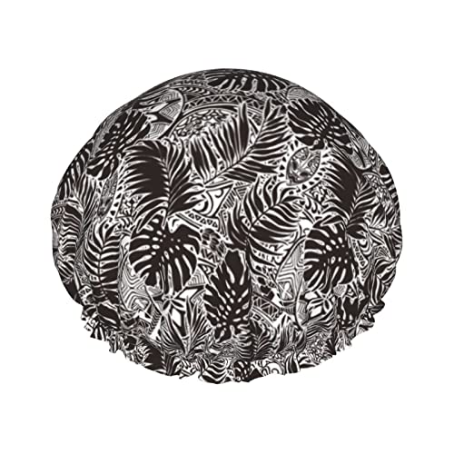 Duschhaube im polynesischen Stil mit Blättern für Damen, wiederverwendbar, doppelschichtig, wasserdicht, Badekappe, wasserdichte Haarkappe für Damen und Mädchen, langes kurzes Haar von NLWQEKV