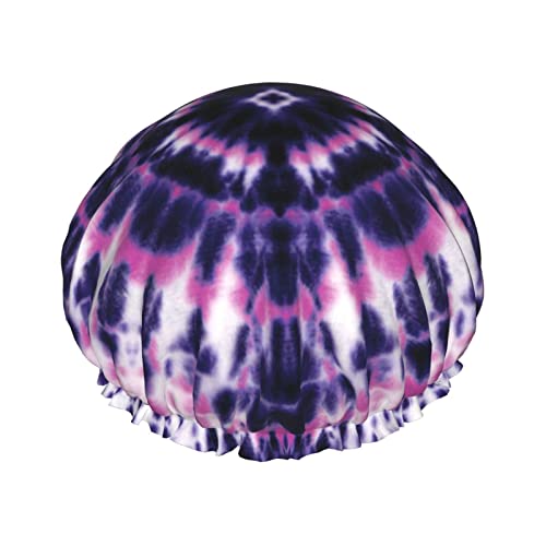 Duschhaube mit Aquarell-Tie-Dye-Kreis-Elementen für Damen, wiederverwendbar, doppellagig, wasserdicht, Badekappe, wasserdichte Haarkappe für Damen und Mädchen, langes kurzes Haar von NLWQEKV