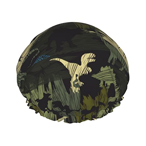 Duschhaube mit Camouflage-Dino-Muster für Damen, wiederverwendbar, doppellagig, wasserdicht, Badekappe, wasserdichte Haarkappe für Damen und Mädchen, langes kurzes Haar von NLWQEKV