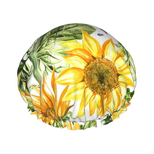 Duschhaube mit Sonnenblume und Blättern für Damen, verstellbar, doppelt, wasserdicht, Bade-Duschhut, Haarschutz, wiederverwendbar, Damen-Spa-Salon-Duschhut von NLWQEKV