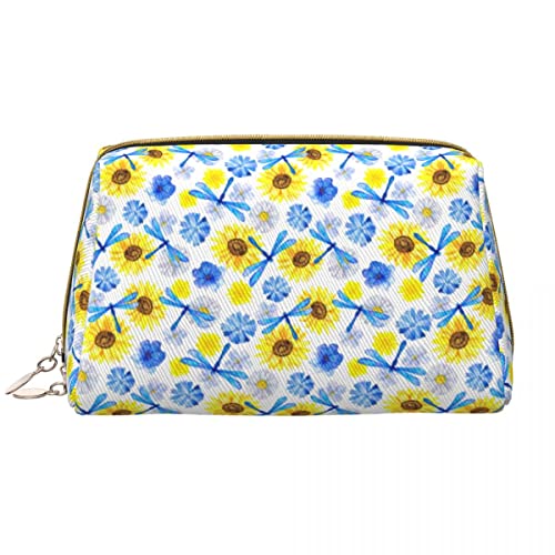 Große Leder-Make-up-Tasche mit Blumen-Sonnenblumen- und Libellenmotiv, Kosmetiktasche mit Reißverschluss, Reise-Kosmetik-Organizer für Frauen und Mädchen von NLWQEKV