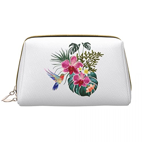 Große Make-up-Tasche aus Leder mit Kolibri und Blumen, Kosmetiktasche mit Reißverschluss, Reise-Kosmetik-Organizer für Frauen und Mädchen von NLWQEKV