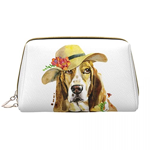 Große Make-up-Tasche aus Leder mit niedlichem Basset Hound Dog, Kosmetiktasche mit Reißverschluss, Reise-Kosmetik-Organizer für Frauen und Mädchen von NLWQEKV