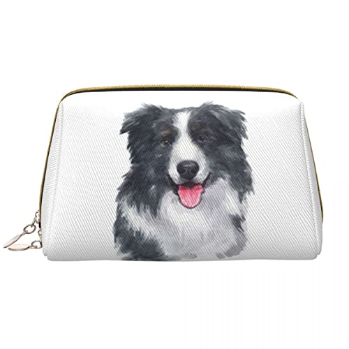 Große Make-up-Tasche aus Leder mit süßem Border Collie, Kosmetiktasche mit Reißverschluss, Reise-Kosmetik-Organizer für Frauen und Mädchen von NLWQEKV