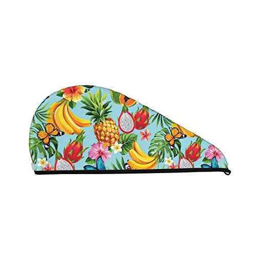 Haartrocknungskappen-Handtuch mit tropischen Palmenfrüchten, Korallensamt, super saugfähig, sofortiges Haartrockenwickel mit Knopf, Anti-Frizz, weiches Bad, Duschhaube, Kopftuch für Damen und Herren von NLWQEKV