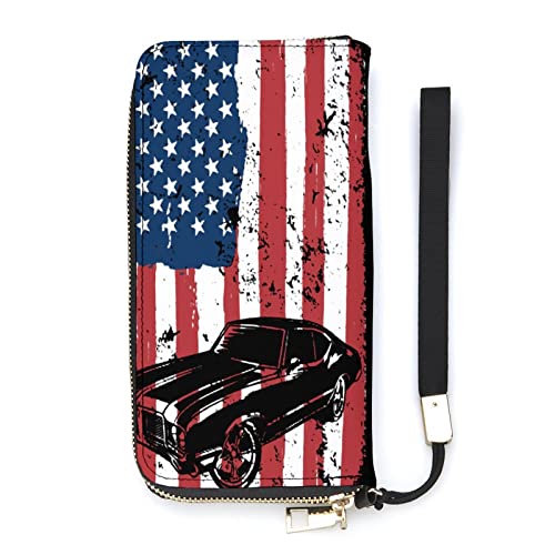 Muscle Car American Flag Leder-Geldbörse, großes Fassungsvermögen, Clutch, Handytasche, Geldbörse, Kreditkartenetui mit Handgelenkschlaufe für Männer und Frauen von NLWQEKV