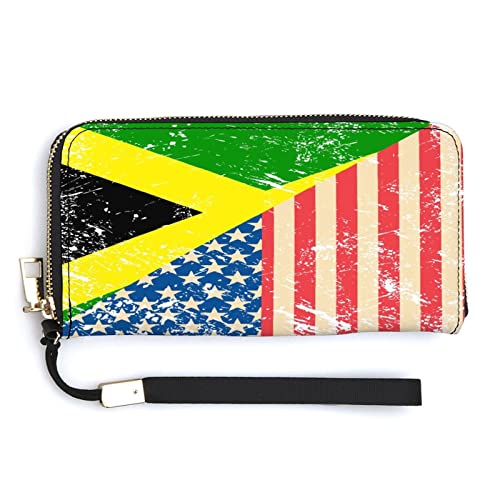 NLWQEKV Amerikanische und jamaikanische Retro-Flagge, Unisex-Leder-Geldbörse, großes Fassungsvermögen, Clutch, Handytasche, Geldbörse, Kreditkartenetui mit Handgelenkschlaufe von NLWQEKV