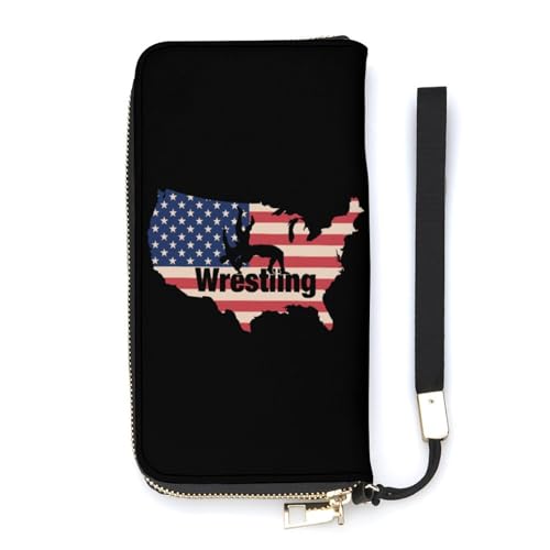 NLWQEKV Armband-Geldbörse mit amerikanischer Wrestling-Flagge, Leder, langes Kartenfach, schmale Clutch-Handtasche für Damen von NLWQEKV