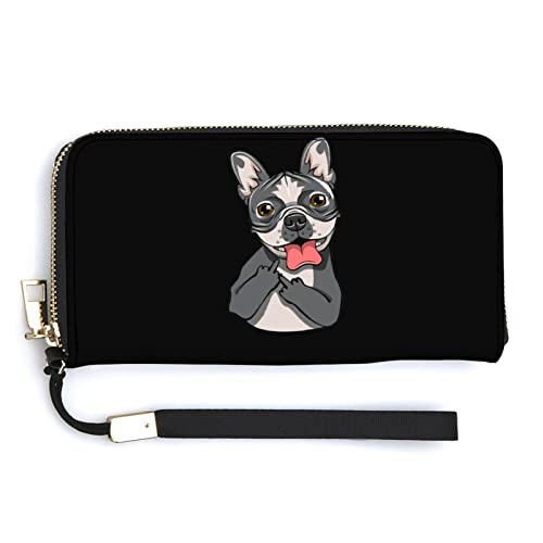 NLWQEKV Bulldogge mit Mittelfinger, Unisex-Leder-Geldbörse, großes Fassungsvermögen, Clutch, Handytasche, Geldbörse, Kreditkartenetui mit Handgelenkschlaufe von NLWQEKV