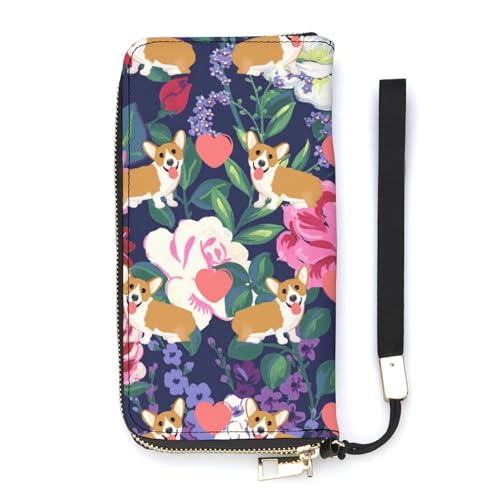 NLWQEKV Corgi und Herz-Armband-Geldbörse, Leder, langes Kartenfach, schmale Clutch-Handtasche für Damen von NLWQEKV