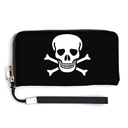 NLWQEKV Crossbone Skull Head Unisex-Leder-Geldbörse, großes Fassungsvermögen, Clutch, Handytasche, Geldbörse, Kreditkartenetui mit Handgelenkschlaufe von NLWQEKV