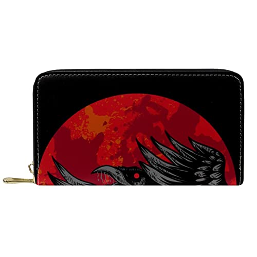 NLWQEKV Crow Red Blood Moon Geldbörse, Leder, Lange Geldbörse mit Reißverschluss von NLWQEKV