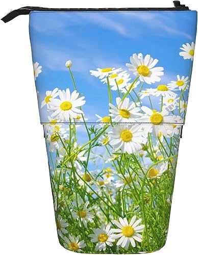 NLWQEKV Federmäppchen mit Gänseblümchen-Blumen-Meer-Print, Stand-Up-Bleistifttasche, Teleskop-Briefpapier-Stifttasche, Stand-Bleistifttasche mit Reißverschluss von NLWQEKV