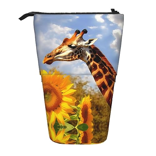 NLWQEKV Federmäppchen mit Giraffen- und Sonnenblumen-Motiv, Stand-up-Federmäppchen, robuste Teleskop-Stifttasche, Make-up-Tasche für Bürobedarf von NLWQEKV