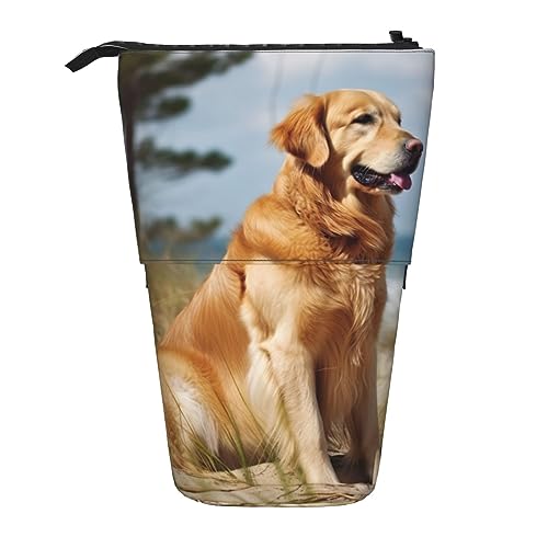 NLWQEKV Federmäppchen mit Golden Retriever-Aufdruck, Stand-Up-Federmäppchen, langlebig, Teleskop-Stifttasche, Make-up-Tasche für Bürobedarf von NLWQEKV