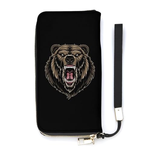 NLWQEKV Ferocious Grizzly Bear Handgelenk-Geldbörse, langes Leder, Kartenhalter, schmale Clutch-Handtasche für Damen von NLWQEKV