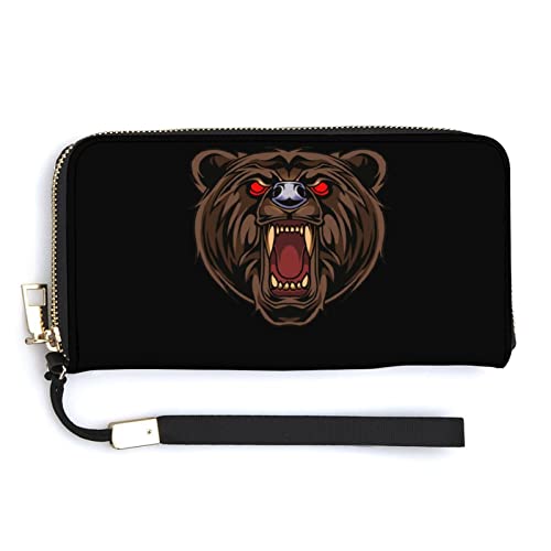 NLWQEKV Fiercely Bear Head Unisex-Geldbörse aus Leder, großes Fassungsvermögen, Clutch, Handytasche, Geldbörse, Kreditkartenetui mit Handgelenkschlaufe von NLWQEKV