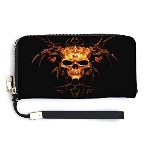 NLWQEKV Flame Heavy Metal Skull Unisex-Leder-Geldbörse, großes Fassungsvermögen, Clutch, Handytasche, Geldbörse, Kreditkartenetui mit Handgelenkschlaufe von NLWQEKV