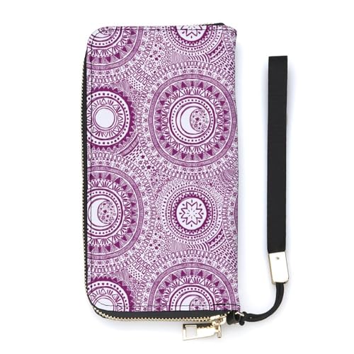 NLWQEKV Fliederfarbenes Mandala-Handgelenk-Geldbörse mit Sternen und Monden, Leder, langes Kartenfach, schmale Clutch-Handtasche für Damen von NLWQEKV