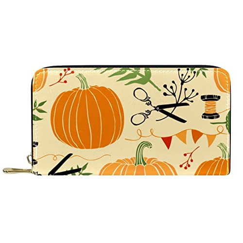 NLWQEKV Geldbörse Leder Festliche Kürbisse Farne Leder Reißverschluss Lange Geldbörse von NLWQEKV