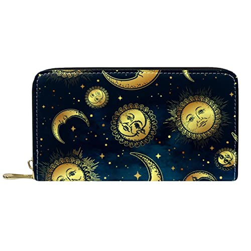 NLWQEKV Geldbörse Leder Gold Himmelskörper Mond Stern Marineblau Leder Reißverschluss Lange Geldbörse von NLWQEKV