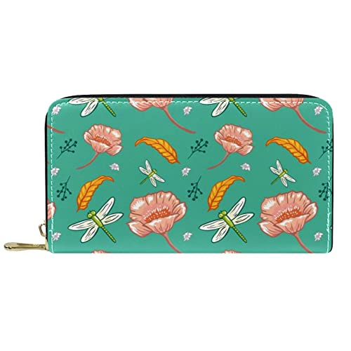 NLWQEKV Geldbörse Leder Leder Reißverschluss Lange Geldbörse Botanische Blumen Blätter Libelle von NLWQEKV