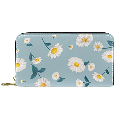 NLWQEKV Geldbörse Leder Leder Reißverschluss Lange Geldbörse Gänseblümchen Blumen Hellblauer Hintergrund von NLWQEKV