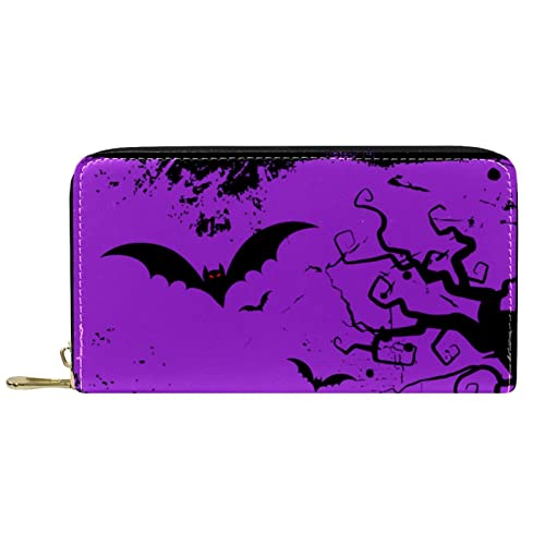 NLWQEKV Geldbörse Leder Lila Halloween Fledermäuse Baumgrab Leder Reißverschluss Lange Geldbörse von NLWQEKV