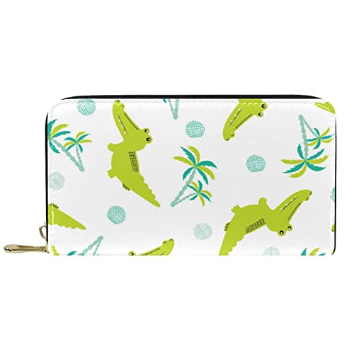 NLWQEKV Geldbörse aus Leder, Cartoon-Tier, grüne Krokodile, Muster, Leder, Reißverschluss, Lange Geldbörse von NLWQEKV