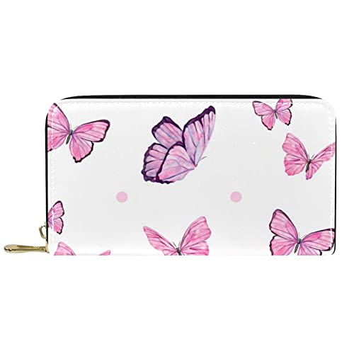 NLWQEKV Geldbörse aus Leder, rosa, Fliegender Schmetterling, Lange Geldbörse aus Leder mit Reißverschluss von NLWQEKV