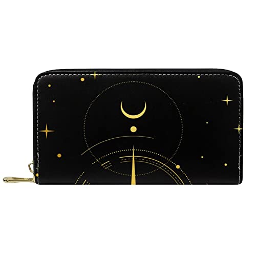 NLWQEKV Geldbörse aus Leder mit Mond und Sternen, langes Portemonnaie aus schwarzem Leder mit Reißverschluss von NLWQEKV