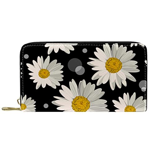 NLWQEKV Geldbörse aus Leder mit Reißverschluss, Lange Geldbörse, weißes Gänseblümchenmuster, schwarz von NLWQEKV