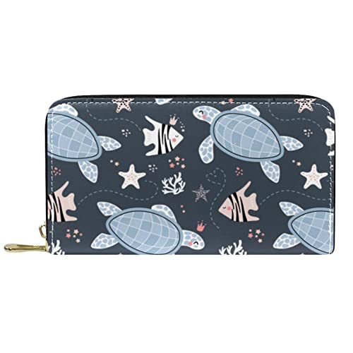 NLWQEKV Geldbörse aus Leder mit niedlichem Schildkröten- und Fischmuster, Lange Geldbörse aus Leder mit Reißverschluss von NLWQEKV