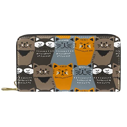 NLWQEKV Geldbörse aus Leder mit niedlichen lustigen Katzen und Kätzchenmuster, Lange Geldbörse aus Leder mit Reißverschluss von NLWQEKV