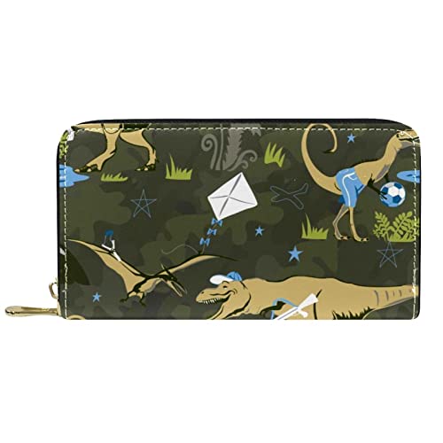 NLWQEKV Geldbörsen für Damen und Herren, Kartenhalter, Tasche, Wald spielender Cartoon-Dinosaurier, Aufbewahrungstasche aus PU-Leder, große Geldbörse von NLWQEKV