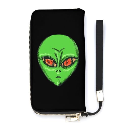 NLWQEKV Grün ET Alien Armband-Geldbörse aus Leder, langes Kartenfach, schmale Clutch-Handtasche für Damen von NLWQEKV