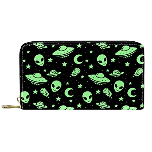 NLWQEKV Grünes Alien UFO Mond Portemonnaie Leder Leder Reißverschluss Lange Geldbörse von NLWQEKV