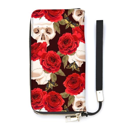 NLWQEKV Handgelenk-Geldbörse mit Totenköpfen und roten Rosen, Leder, langes Kartenfach, schmale Clutch-Handtasche für Damen von NLWQEKV