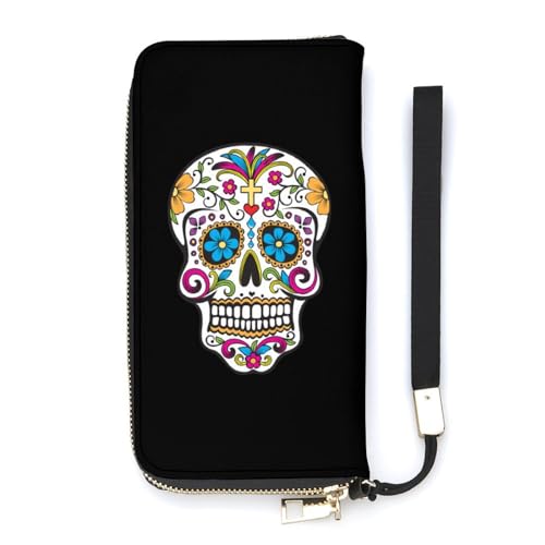 NLWQEKV Handgelenk-Geldbörse mit floralem Totenkopf-Motiv, Leder, langes Kartenfach, schmale Clutch-Handtasche für Damen von NLWQEKV