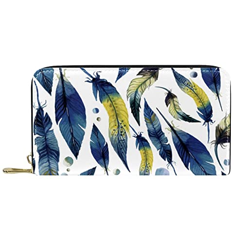 NLWQEKV Lange Geldbörse aus Leder mit Reißverschluss, Blaue Feder, personalisierbare Geldbörse von NLWQEKV